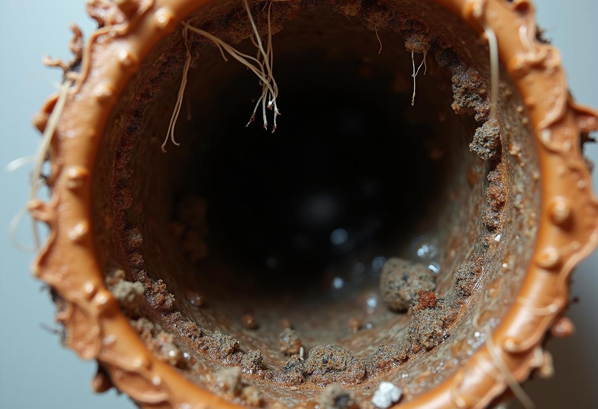 Cross-section of a drain pipe clogged with grease and hair