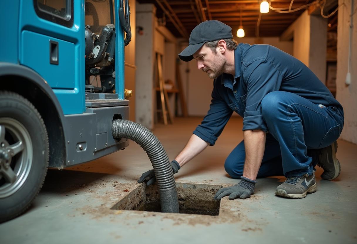 Plumber feeding a drain snake cable into a floor drain