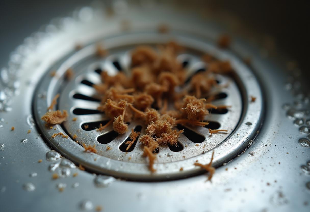 Metal drain screen catching hair and food scraps in a sink