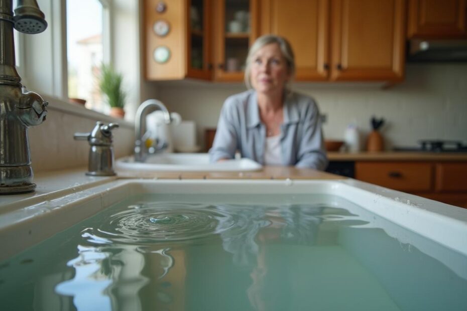 Kitchen sink full of standing water from a clogged drain