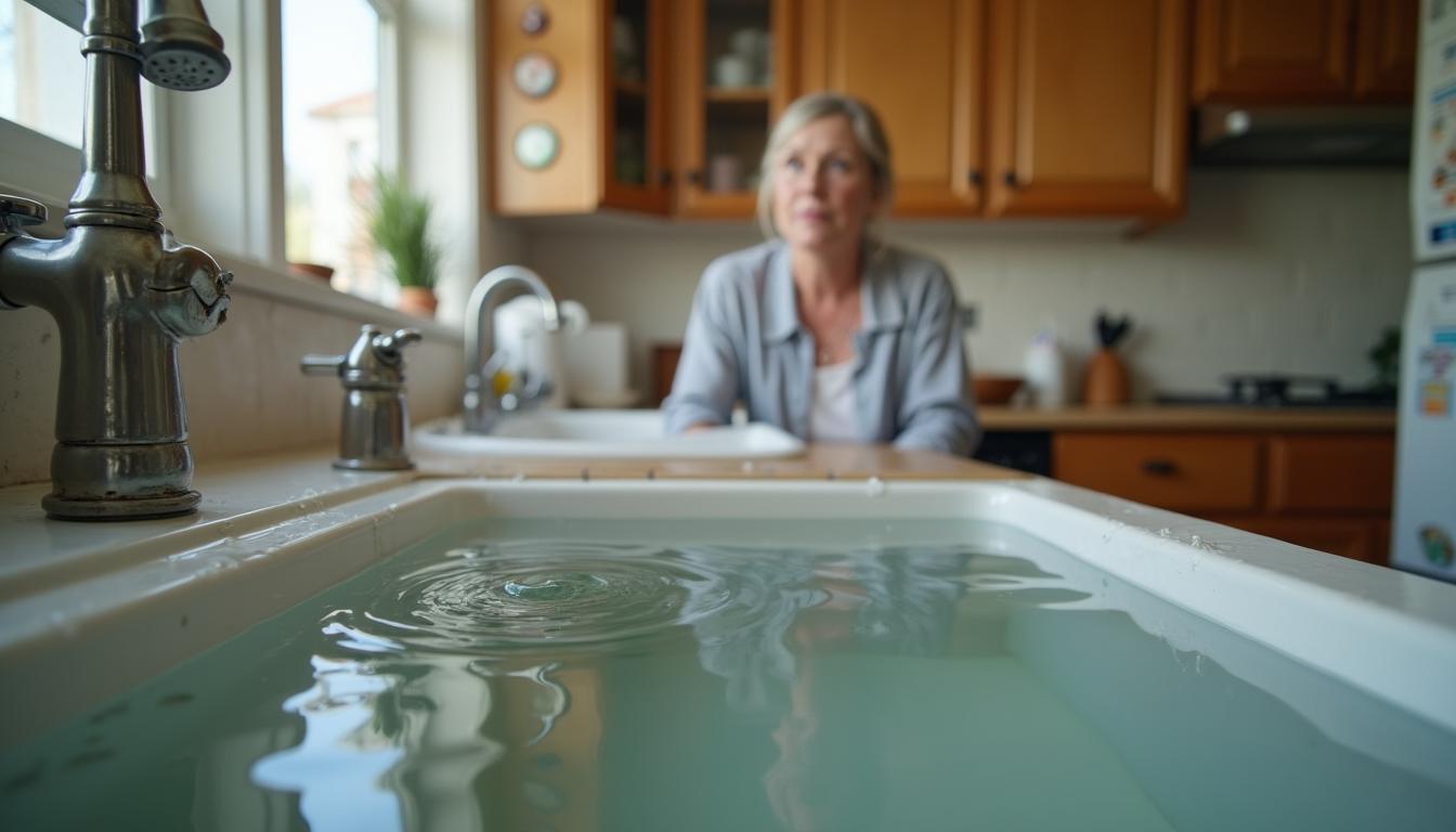 Kitchen sink full of standing water from a clogged drain