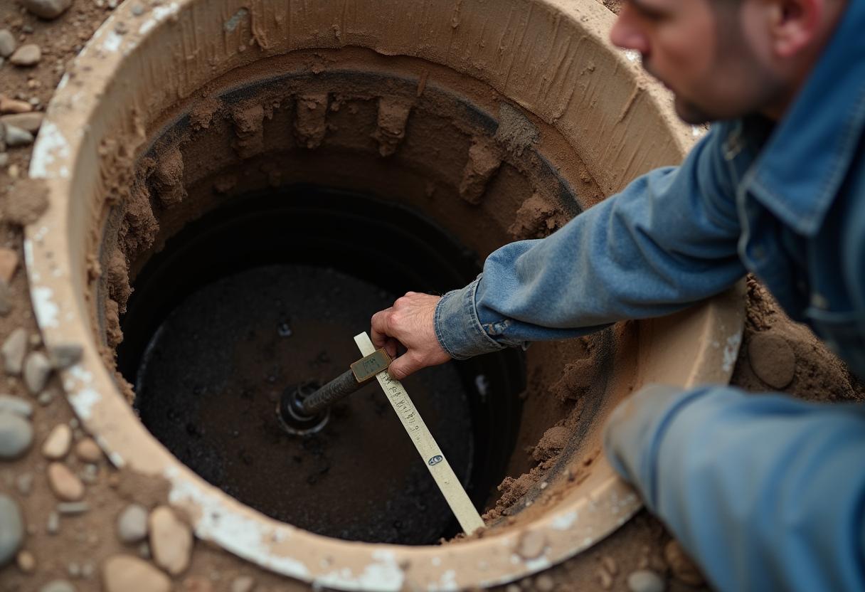 Technician measuring the sludge level inside a septic tank