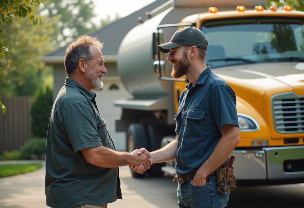 Homeowner scheduling the next septic pumping with a technician