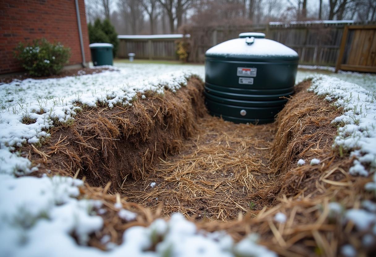 Septic tank area mulched for winter insulation with light snow