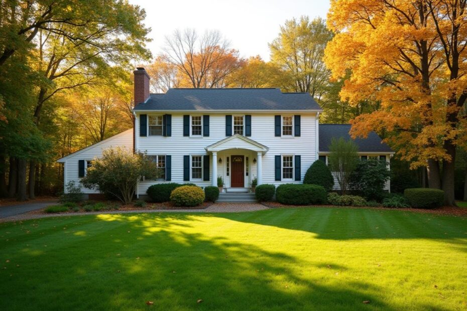 Well-kept Hudson Valley home with a healthy lawn in autumn