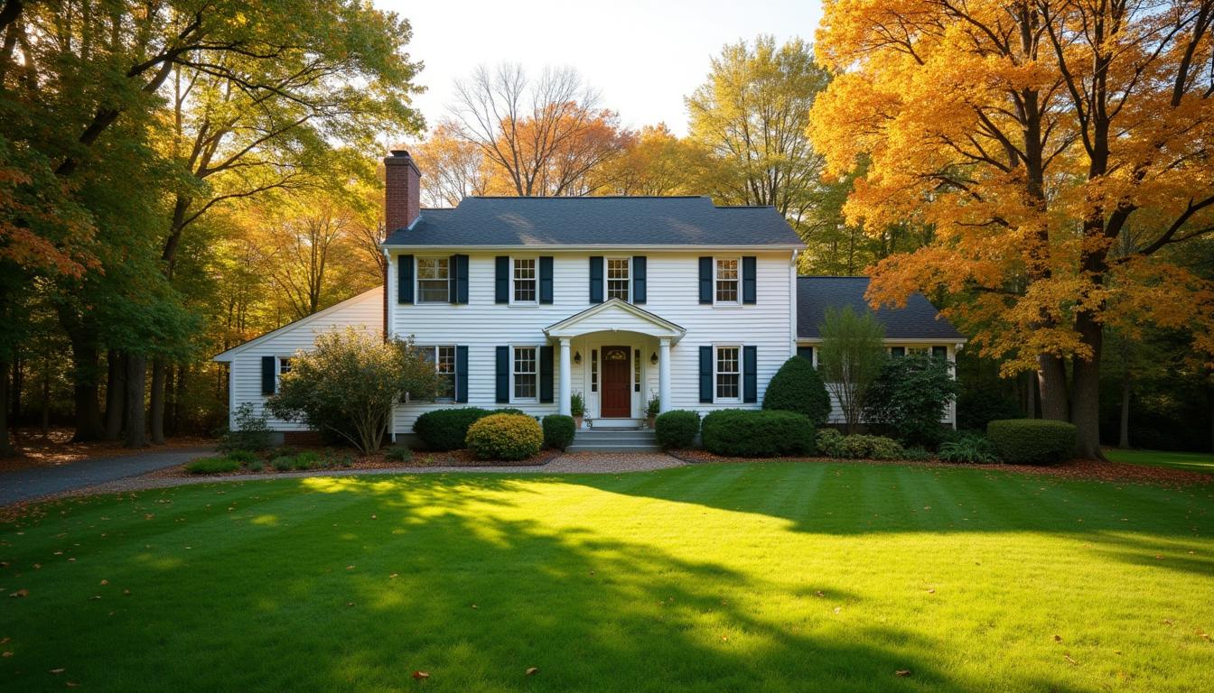 Well-kept Hudson Valley home with a healthy lawn in autumn