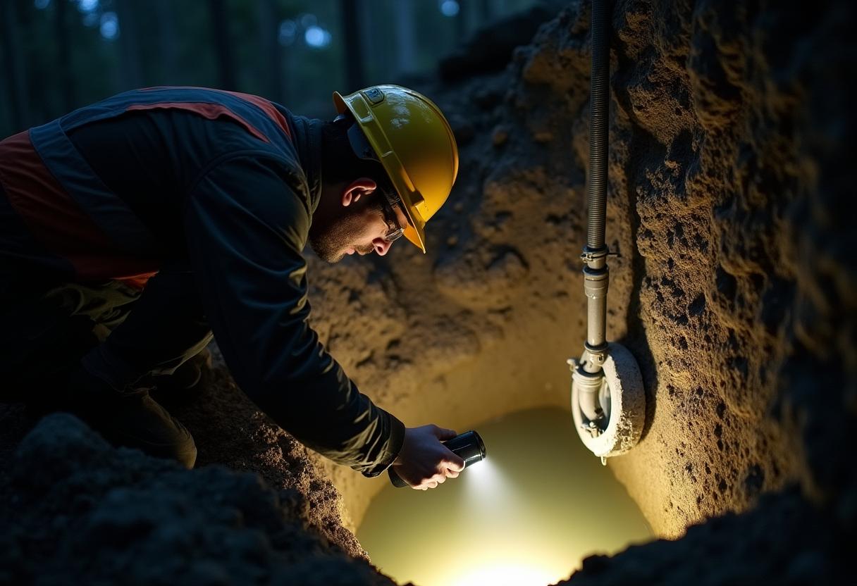 Technician using a flashlight to inspect septic tank baffles