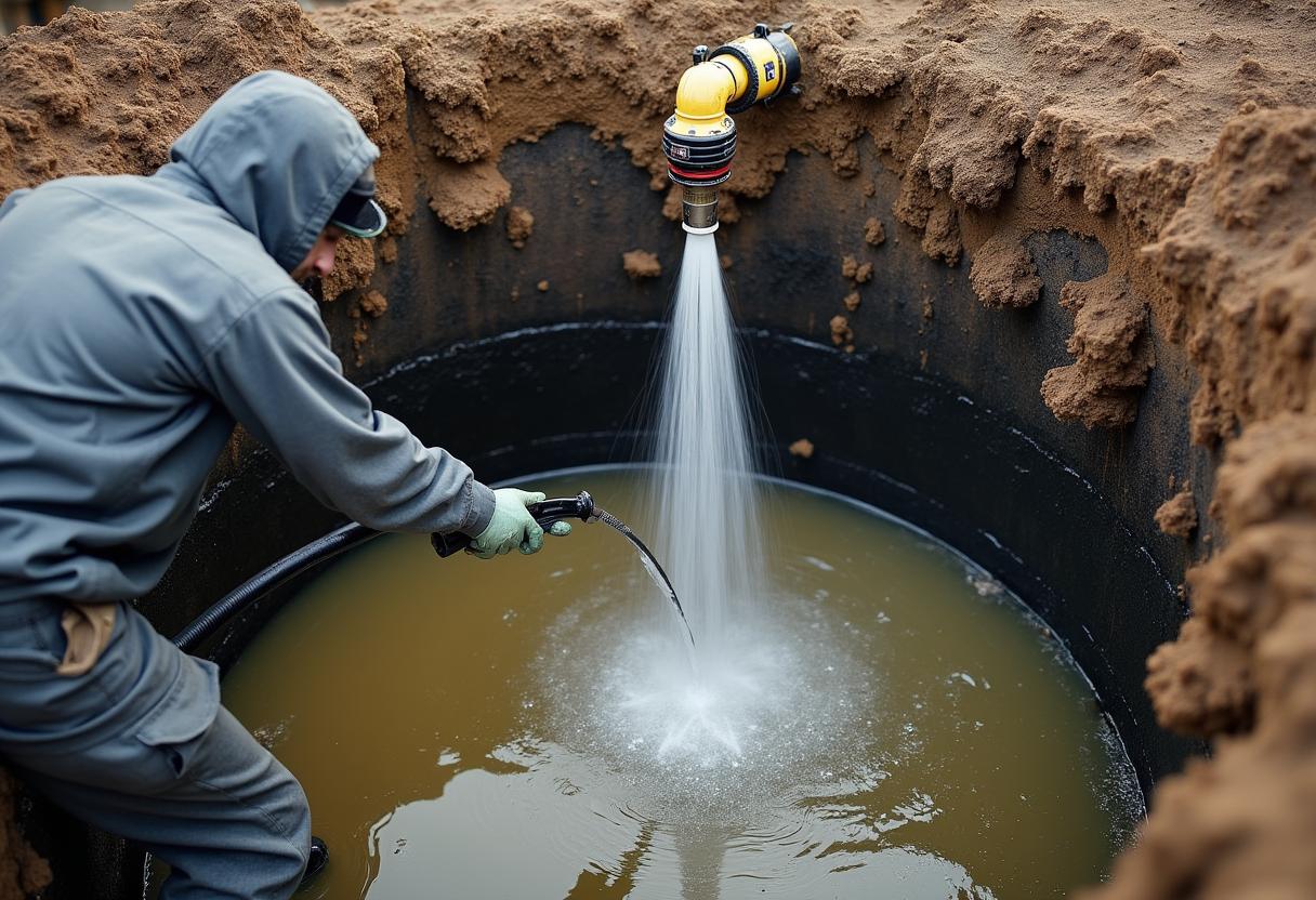 Technician cleaning settled sludge from inside a septic tank