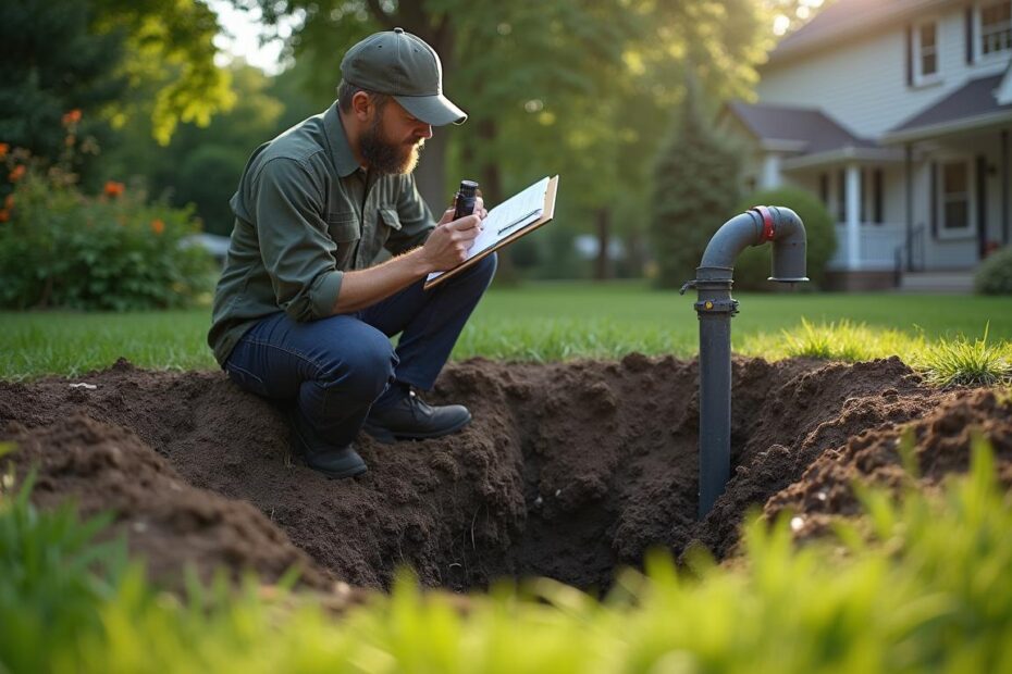 Septic inspector with a clipboard examining a tank in a Hudson Valley yard