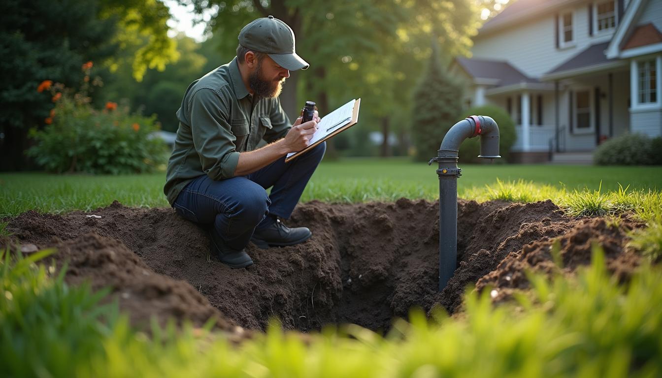 Septic inspector with a clipboard examining a tank in a Hudson Valley yard