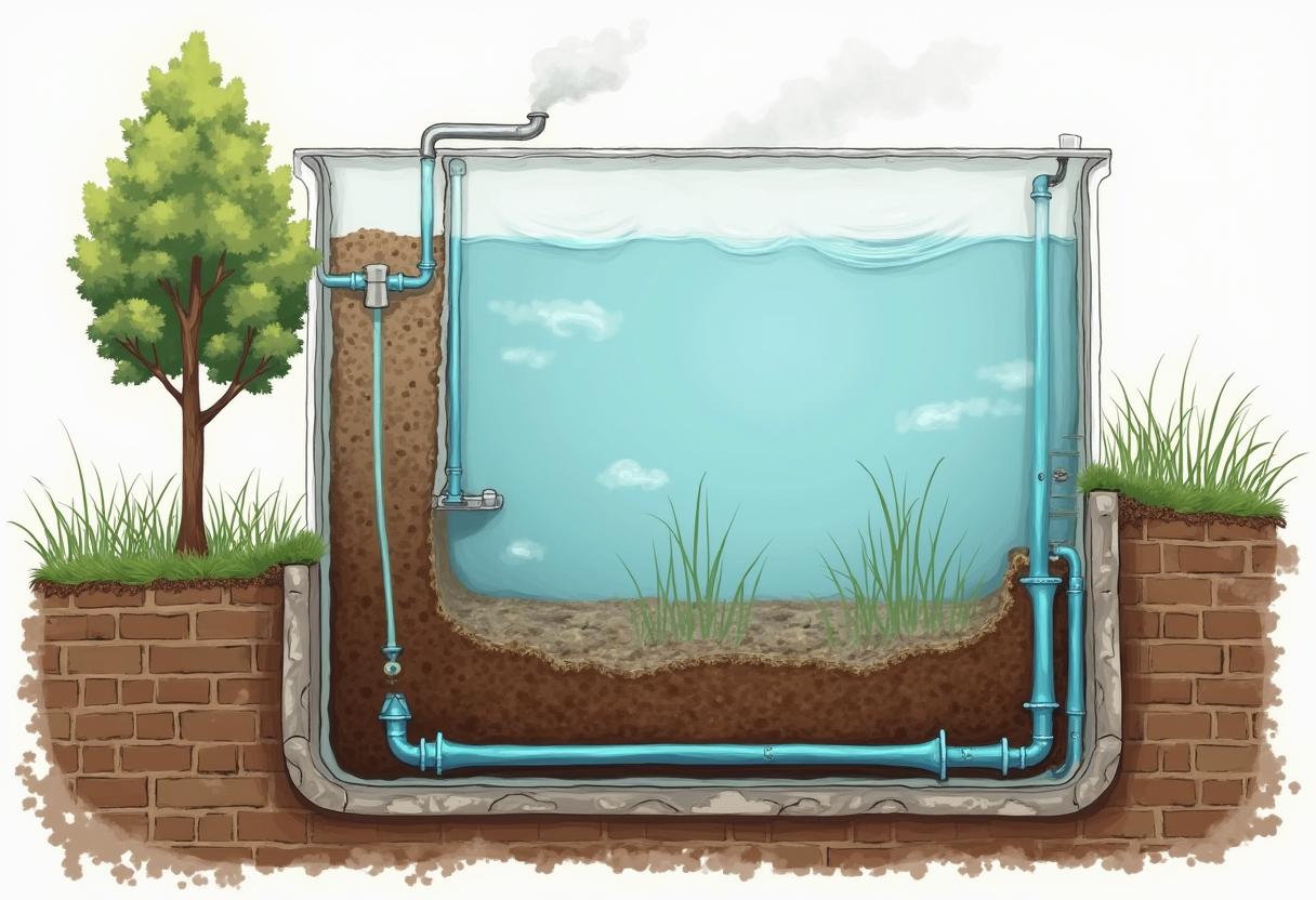 Cutaway of a septic tank showing sludge, scum, and liquid layers
