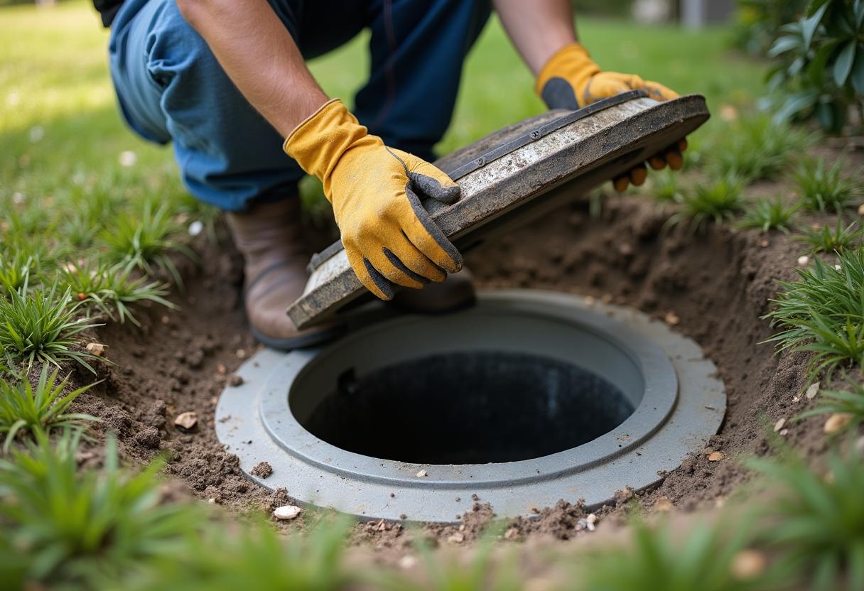Technician opening a septic tank access lid to inspect it