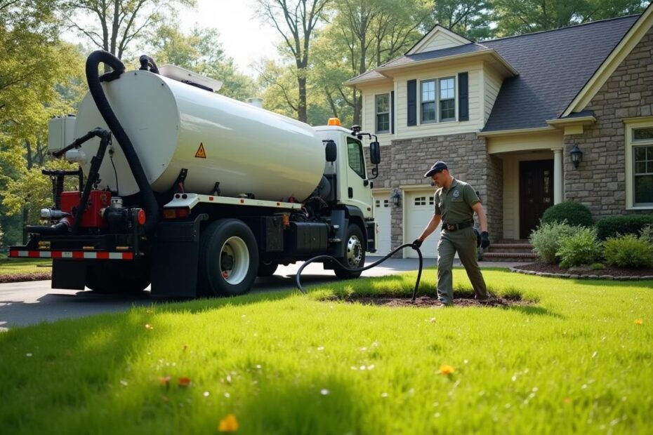 Septic pumping vacuum truck servicing a Dutchess County home