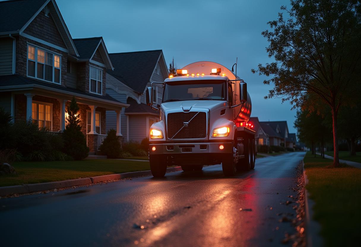 Septic service truck arriving for an emergency call at dusk