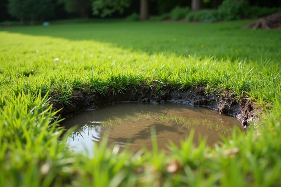 Soggy bright green patch over a septic drain field in a backyard