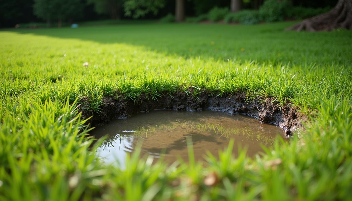Soggy bright green patch over a septic drain field in a backyard