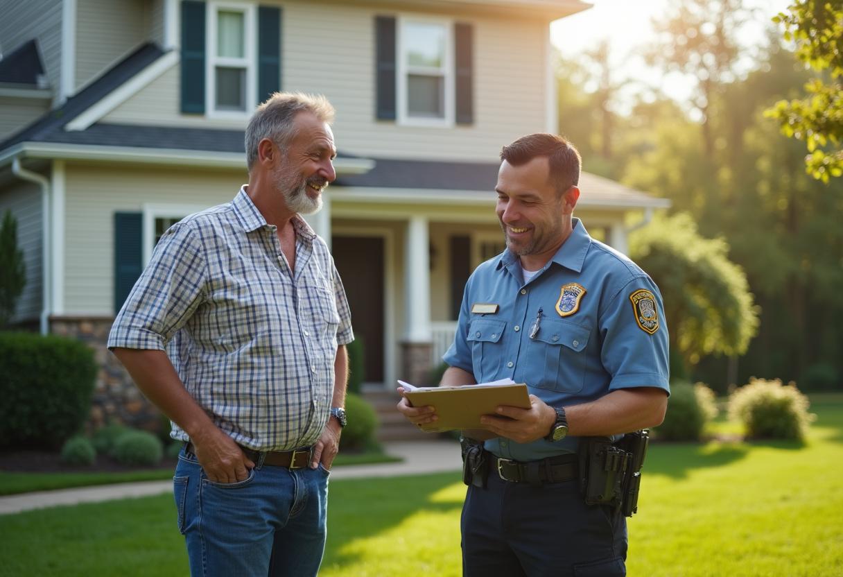 Homeowner and uniformed septic professional reviewing a clipboard on a lawn