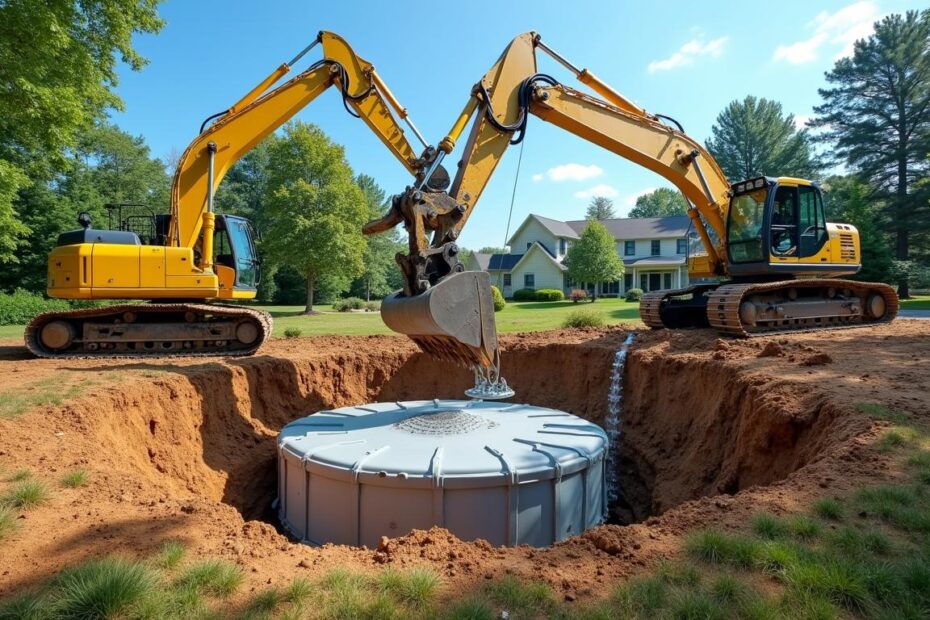 Excavator lowering a new concrete septic tank into a trench on a Hudson Valley property