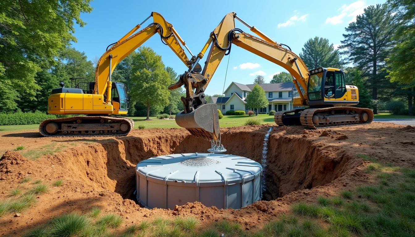 Excavator lowering a new concrete septic tank into a trench on a Hudson Valley property