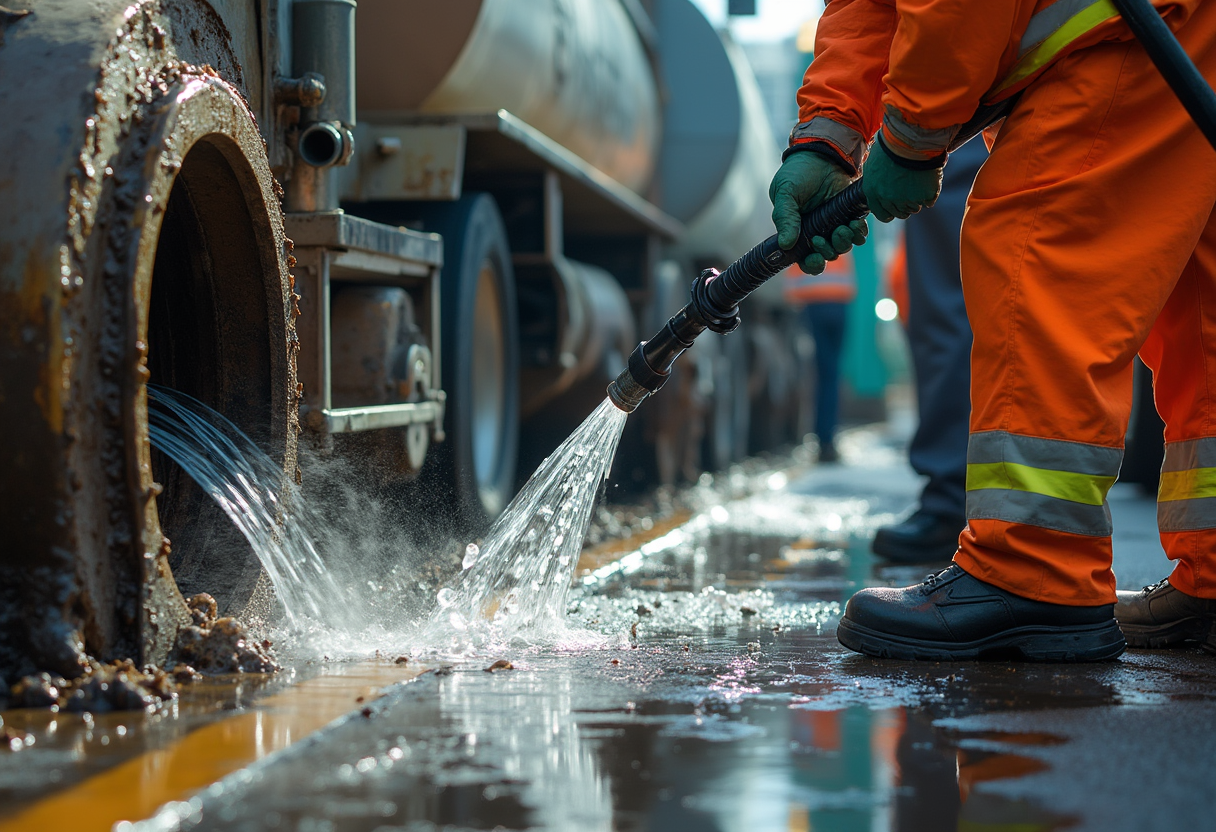 Septic technician hydro-jetting a distribution line at an open inspection port