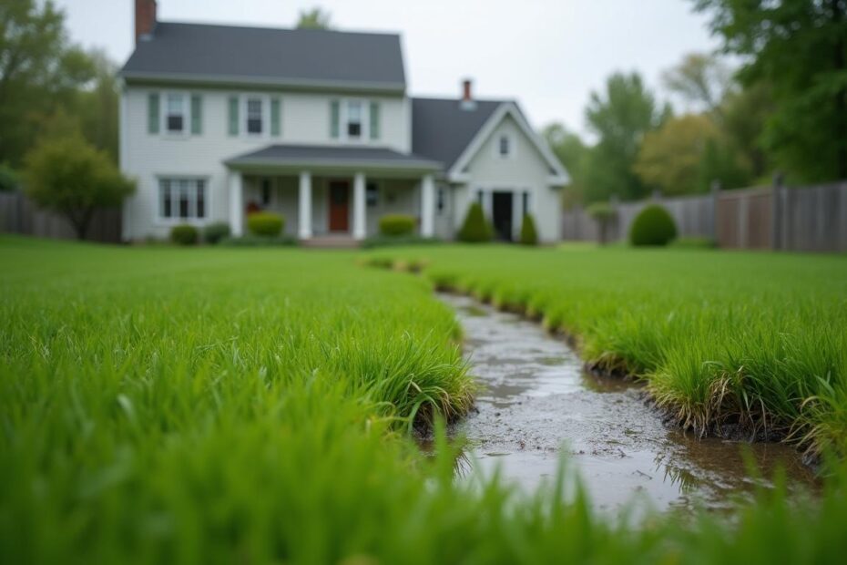 Soggy bright-green strip of grass over a septic drain field in a Hudson Valley backyard