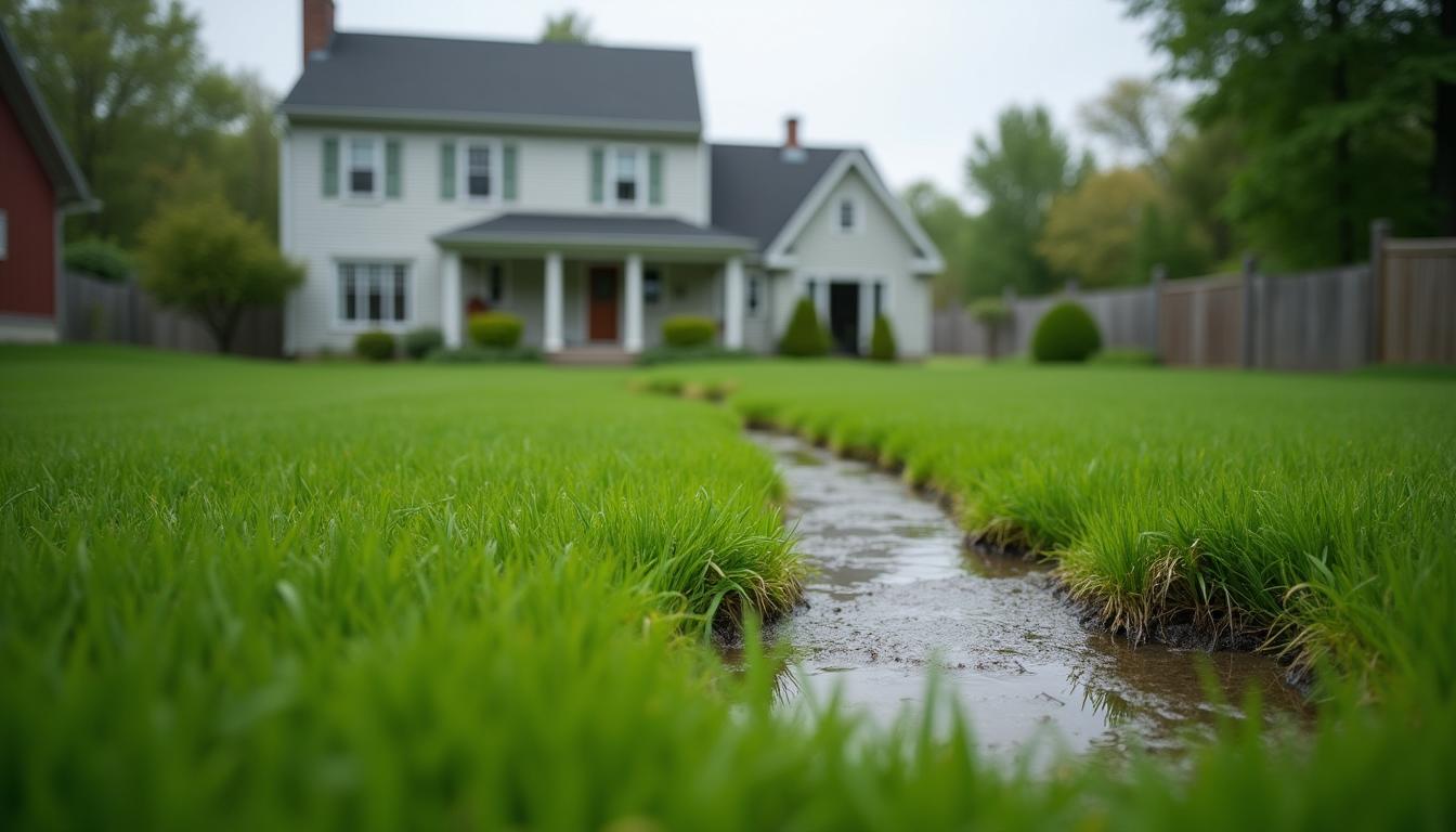Soggy bright-green strip of grass over a septic drain field in a Hudson Valley backyard