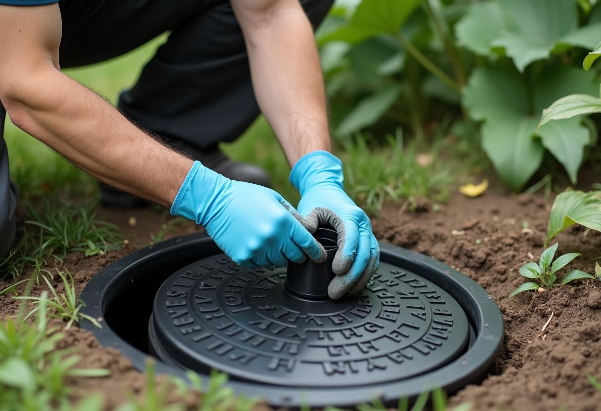 Gloved technician lifting a septic tank access lid to inspect the tank