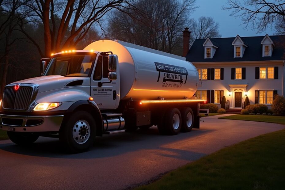 Septic service truck arriving at a Hudson Valley home at dusk with lights on