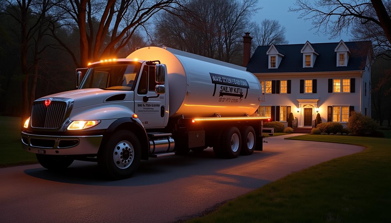 Septic service truck arriving at a Hudson Valley home at dusk with lights on